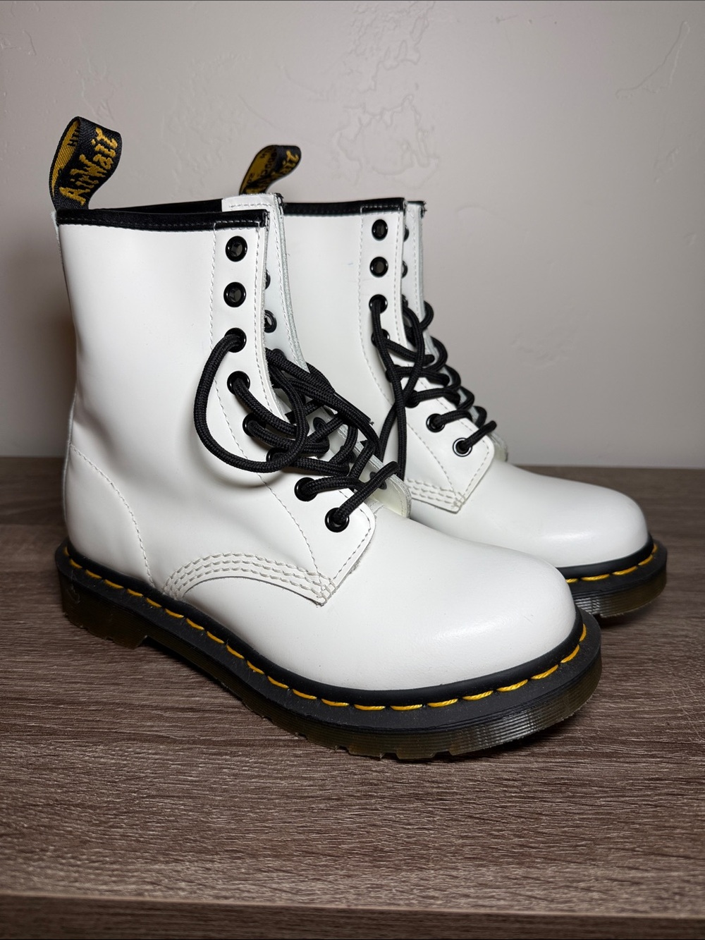 Dr. Martens White Leather 8-Eye Lace-Up Boots with Yellow Stitching W 6